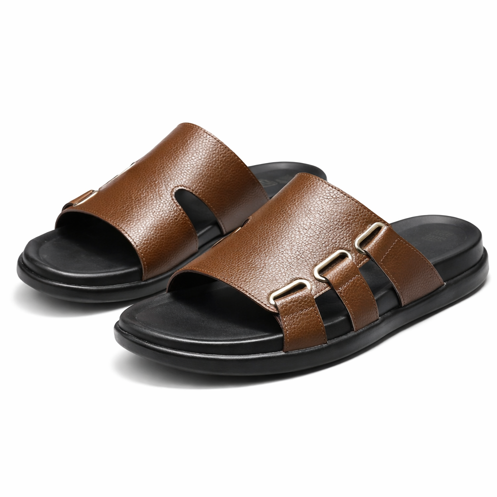Premium Brown Leather Slides for Men – Luxury Crest Edition-0017