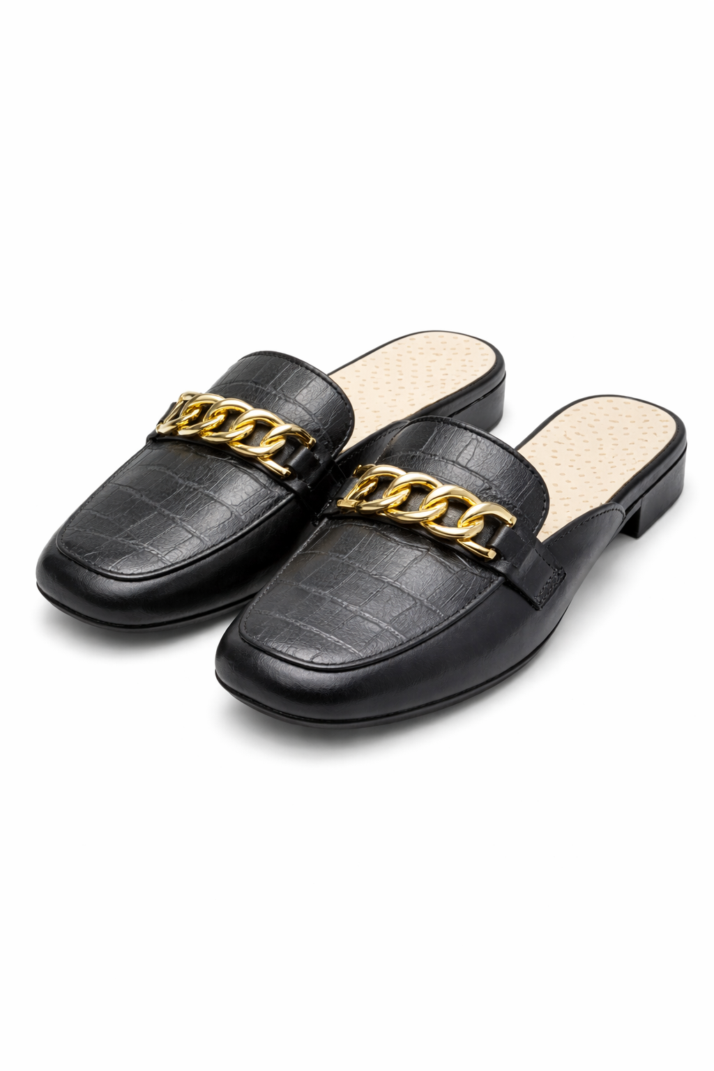 Black Ladies stylish mule slippers gold chain 