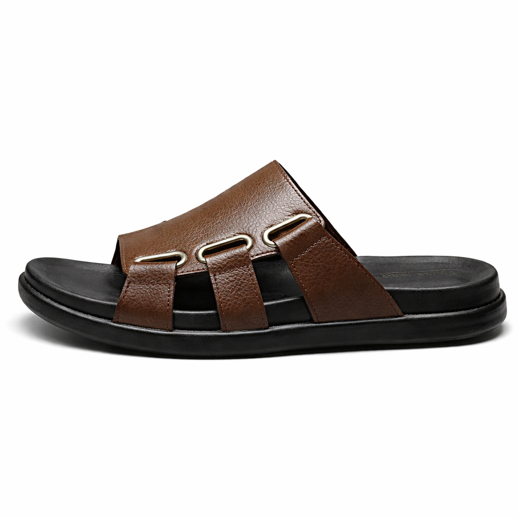 Premium Brown Leather Slides for Men – Luxury Crest Edition-0017