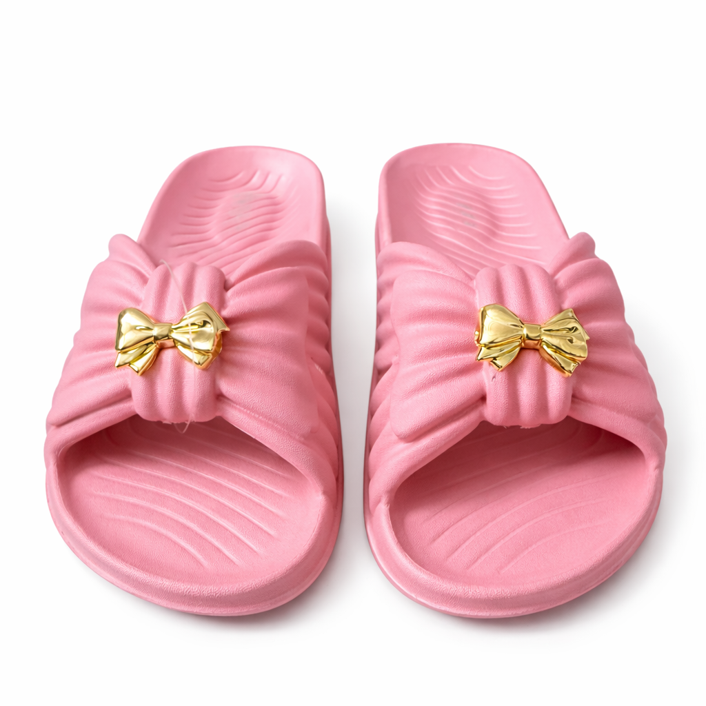 Women’s Soft Pink Bow Slides – Casual Slippers for Girls-SG555