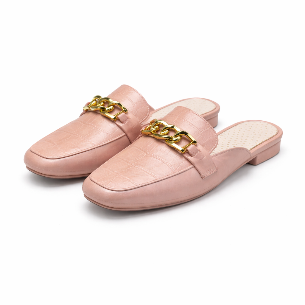 Pink Ladies stylish mule slippers gold chain detail