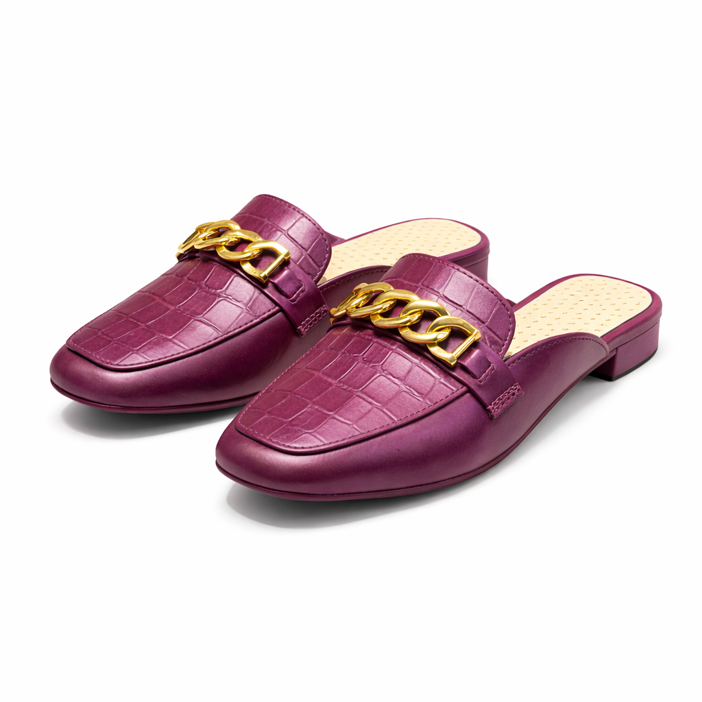 Purple Ladies stylish mule slippers gold chain 