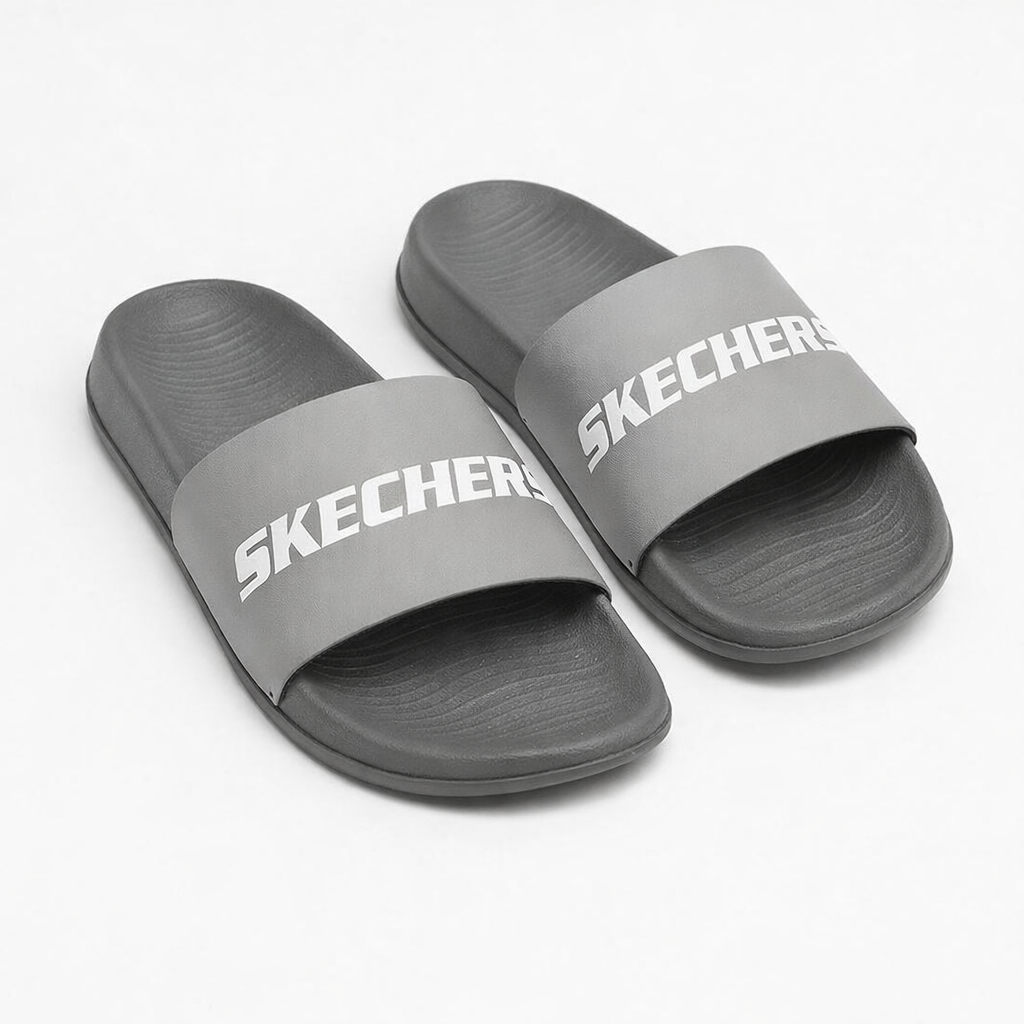 Skechers men Grey upper  slide with rexine upper and cushioned EVA sole

