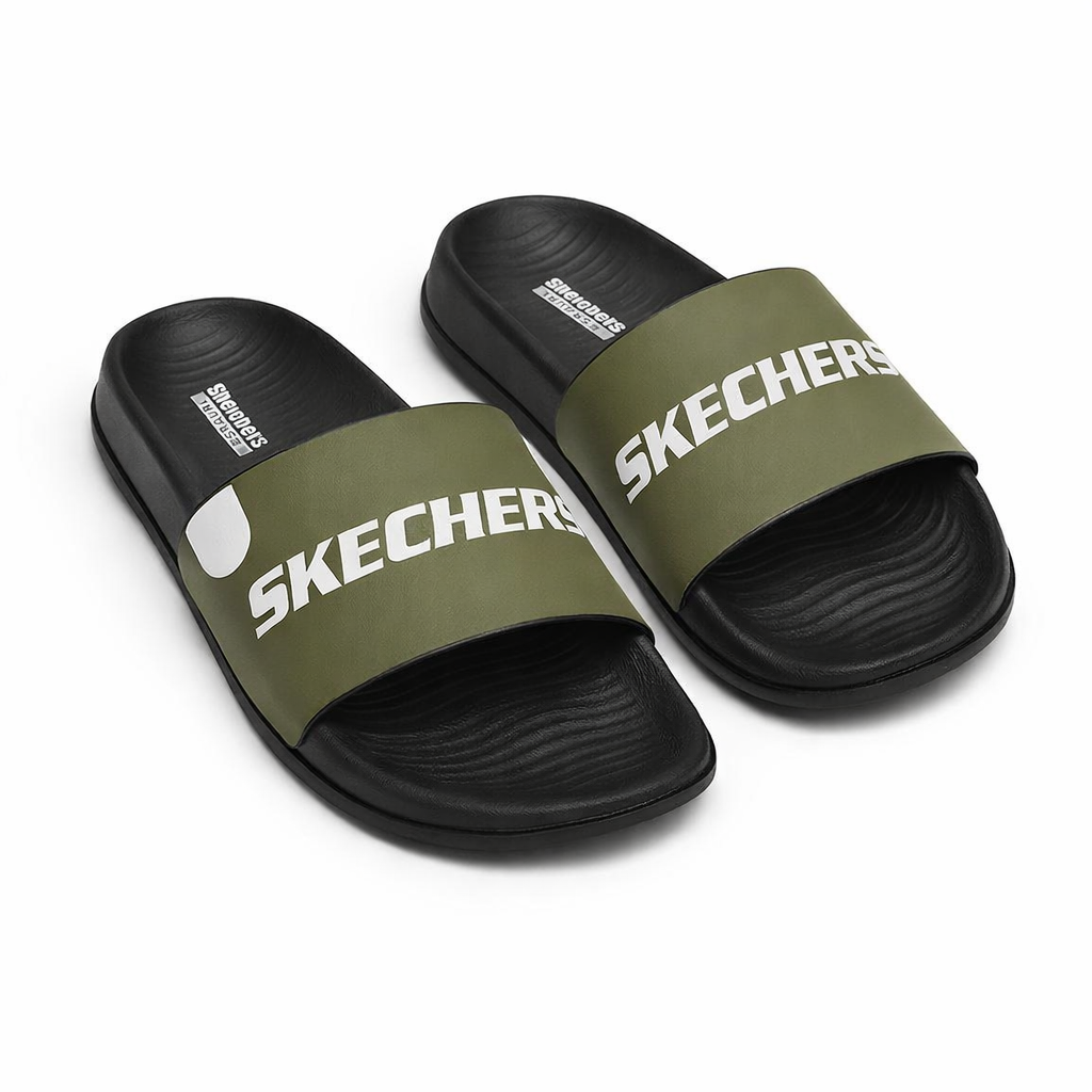 Skechers men olive green  slide with rexine upper and cushioned EVA sole
