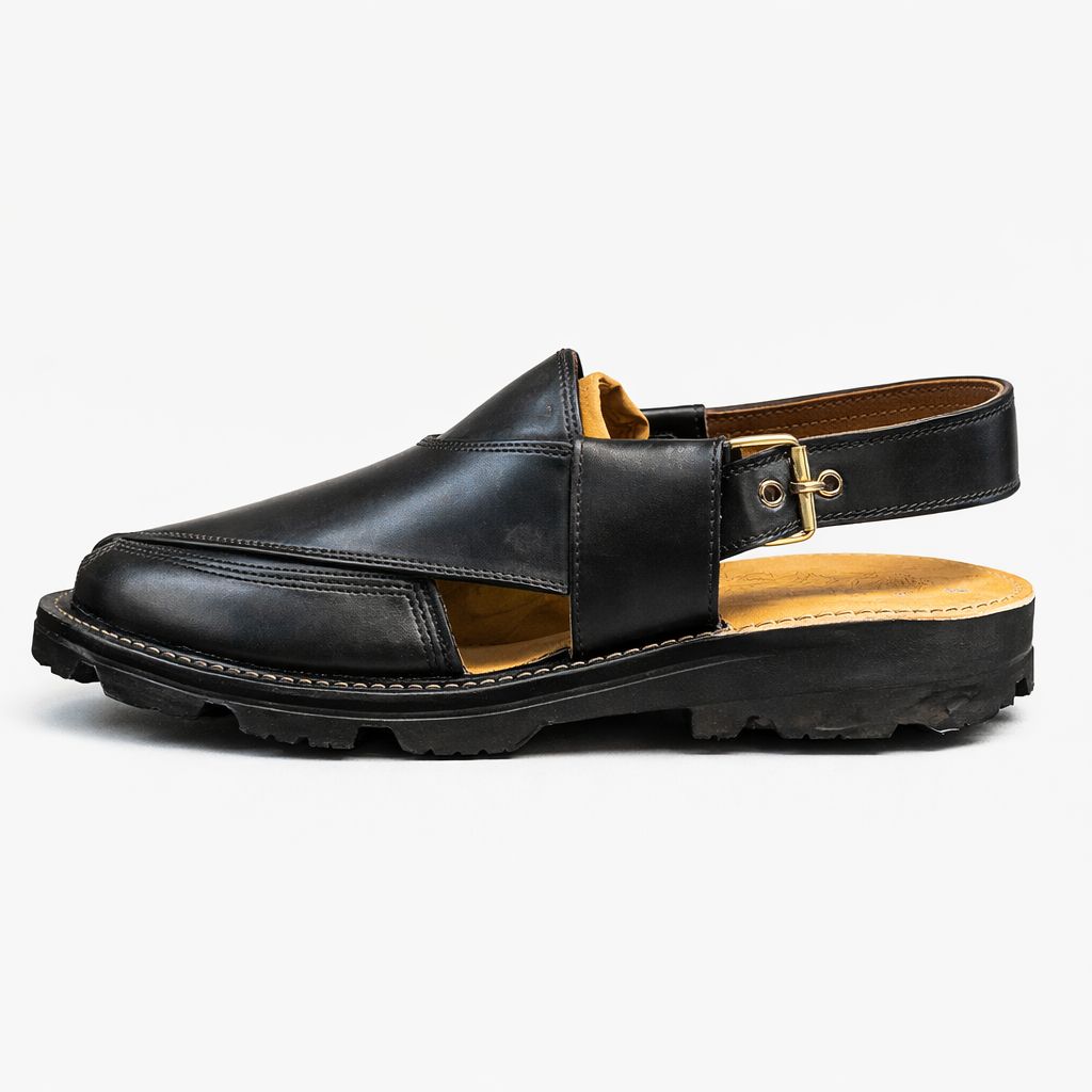 Premium Black Leather Peshawari Chappal for Men – Handmade-KC-33
