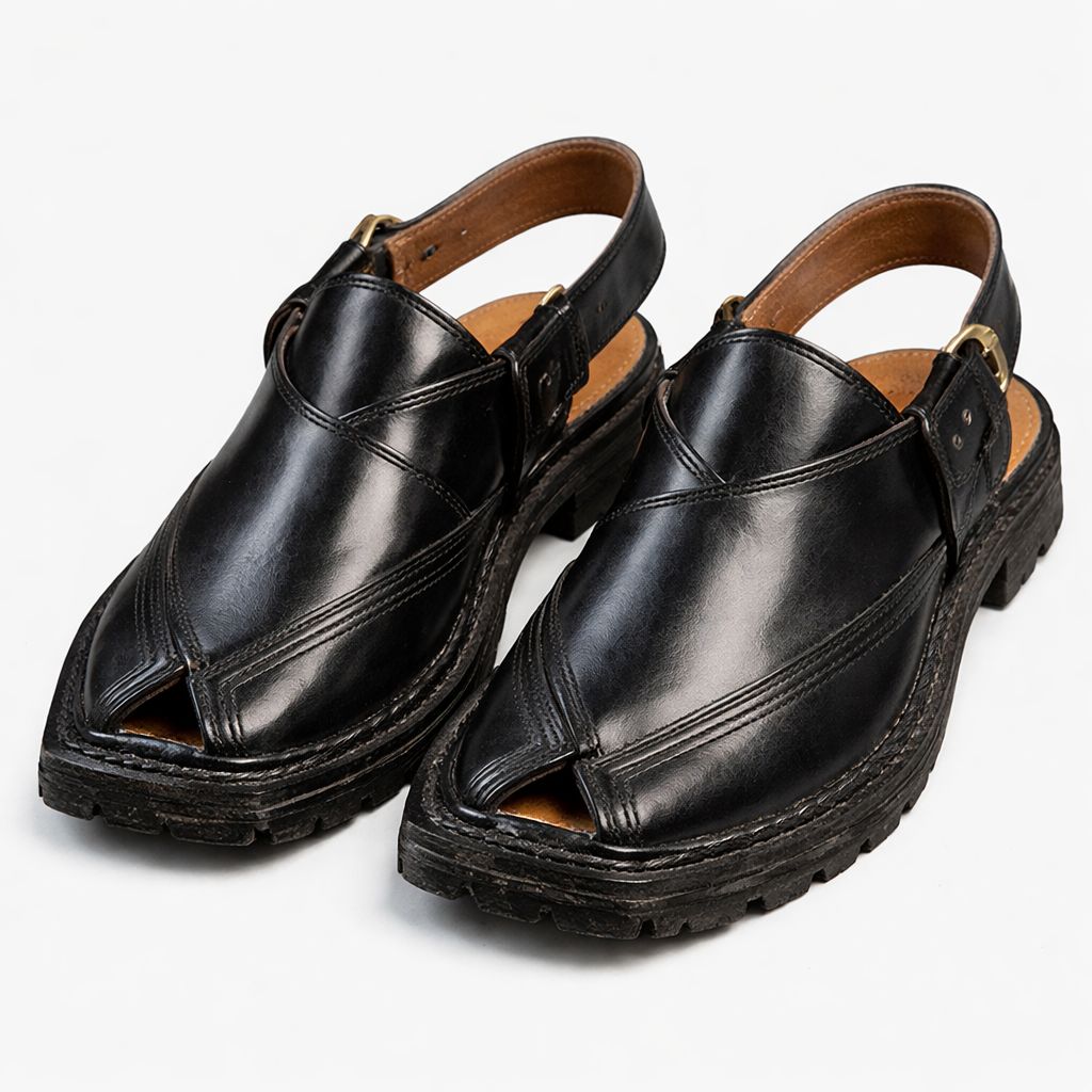 Premium Black Leather Peshawari Chappal for Men – Handmade-KC-33