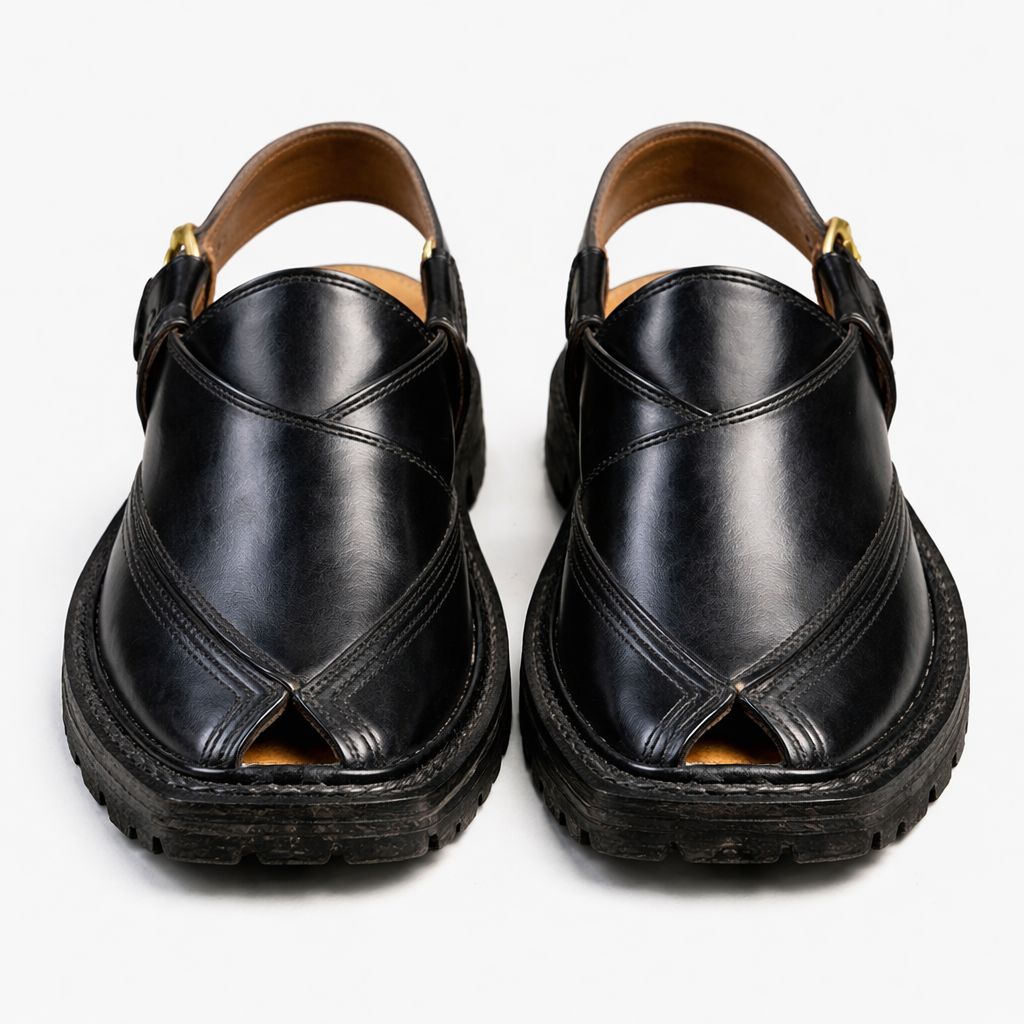 Premium Black Leather Peshawari Chappal for Men – Handmade-KC-33